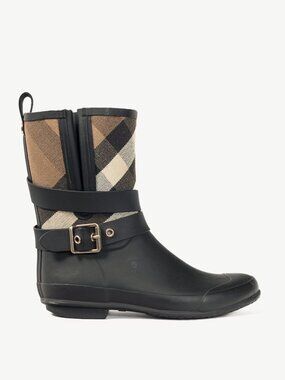 Burberry Holloway "Black" Canvas Check Rubber Mid-Biker Rain Boots